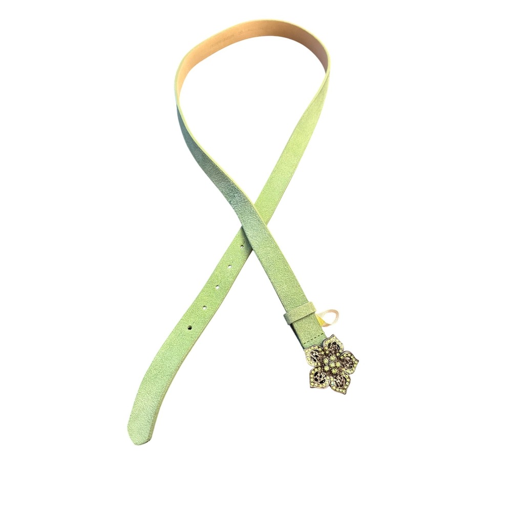 Genuine Leather Belt Sage Green Rhinestone Flower Filigree Buckle Plus Size 2XL